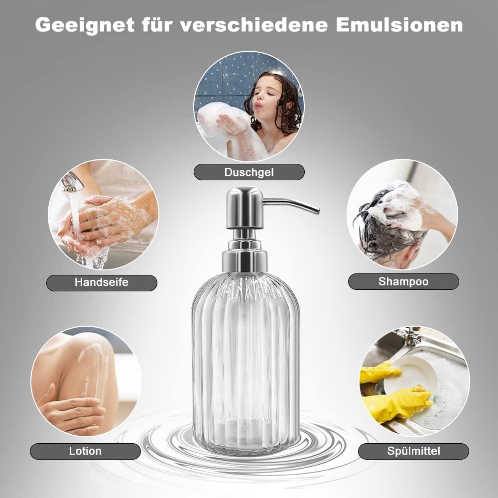 14 Oz Glass Soap Dispenser with 304 Rust Proof Stainless Steel Pump, Refillable Hand Liquid Soap Dispenser for Bathroom, Kitchen, Countertop, Laundry Room (White)