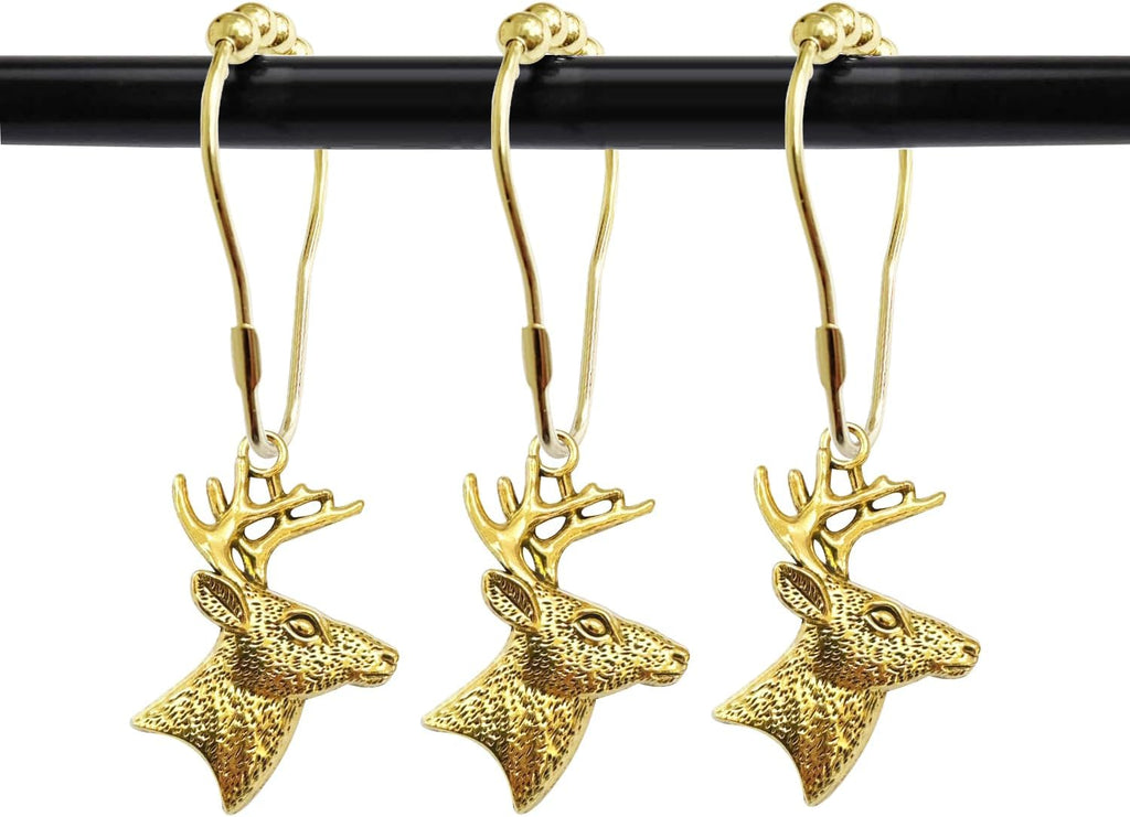 Set of 12 Deer Shower Curtain Hooks Rings Rustic Cabin Bath Christmas Theme Decoration Reindeer Antlers Stag Woodland Stainless Steel Rustproof (Gold)