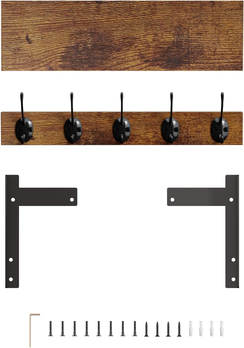 Wall Hooks with Shelf, Wood Coat Rack with Shelf Wall-Mounted, Entryway Hanging Shelves with 5 Metal Hooks for Clothes Hats Towel Purse Robes, Bathroom Mudroom Bedroom, Rustic Brown