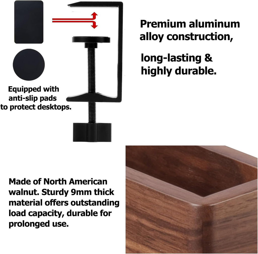 Clamp-on Desk Side Storage Rack,Wooden Side Desk Organizer Walnut