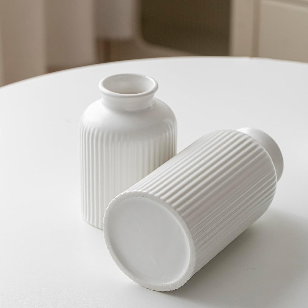 Large Modern Ceramic Vase Set, White Ribbed Matte Design, 10 Inch Tall, 4 Inch Width, 3-Piece Decorative Vases for Home, Living Room, Office (XL Matte Glaze White)