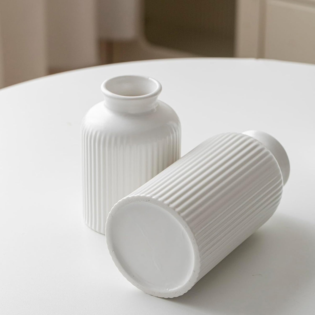 Large Modern Ceramic Vase Set, White Ribbed Matte Design, 10 Inch Tall, 4 Inch Width, 3-Piece Decorative Vases for Home, Living Room, Office (XL Matte Glaze White)