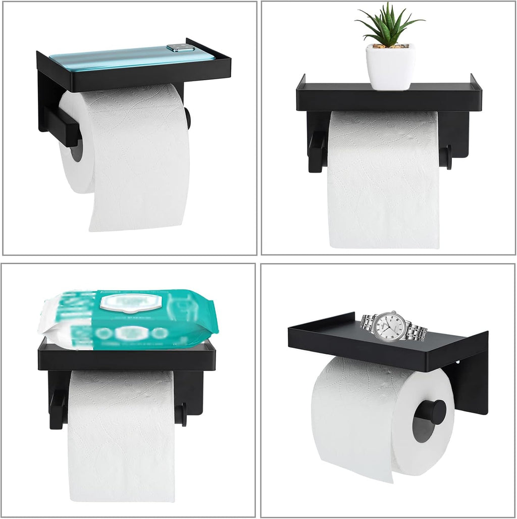 Toilet Paper Holder Tissue Roll Hanger with Shelf SUS304 Stainless Steel Matte Black Bathroom Lavatory Hardware Wall Mount Adhesive