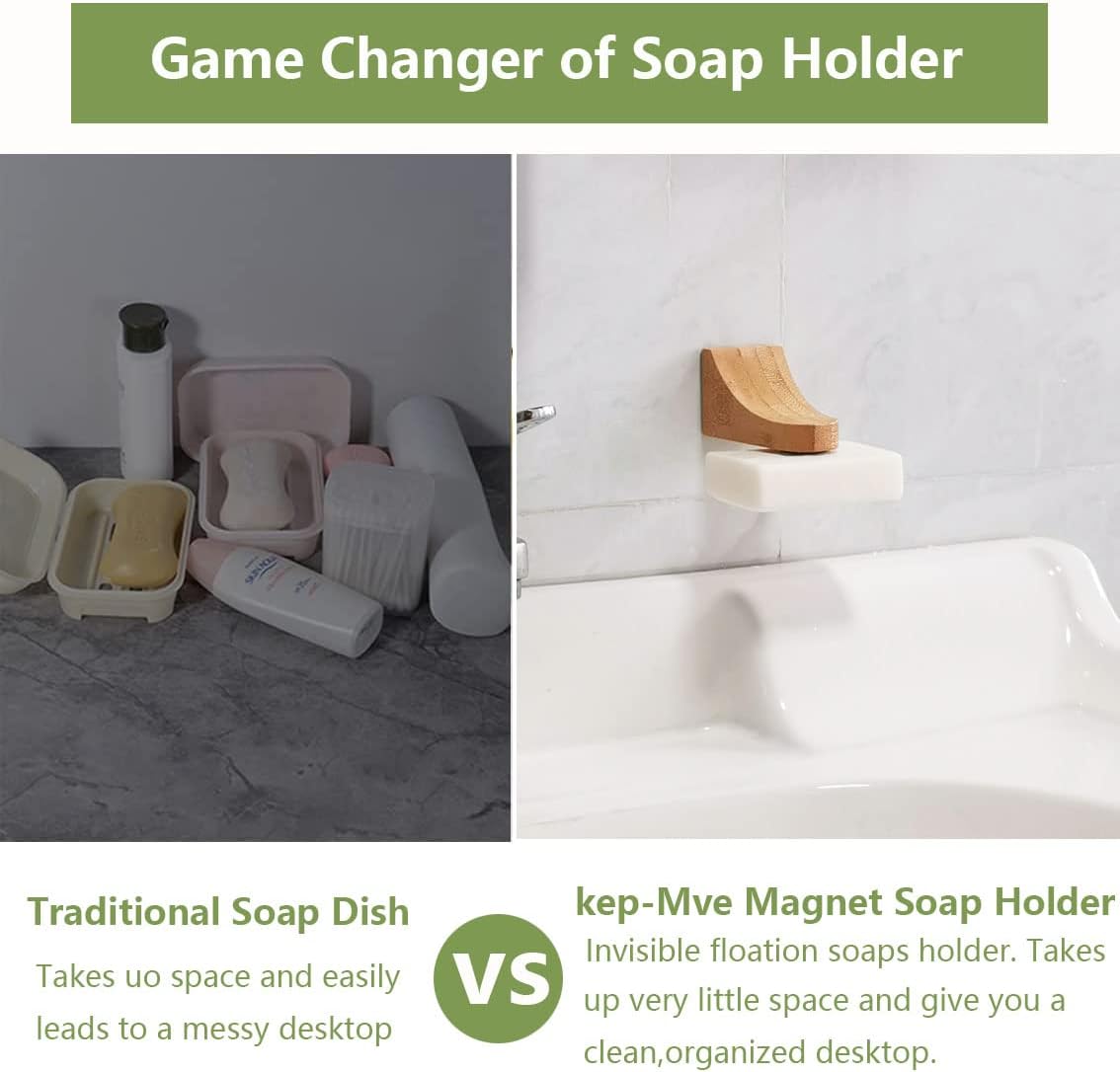 (2Sets)Bamboo Magnetic Bar Soap Holder For Shower Wall,Magnet Soap Saver For Bar Soaps Self Draining,Shower Storage for Soaps & Beard Shampoo Bars -No More Soggy Soaps,Soap Dish Dispenser Bath Kitchen