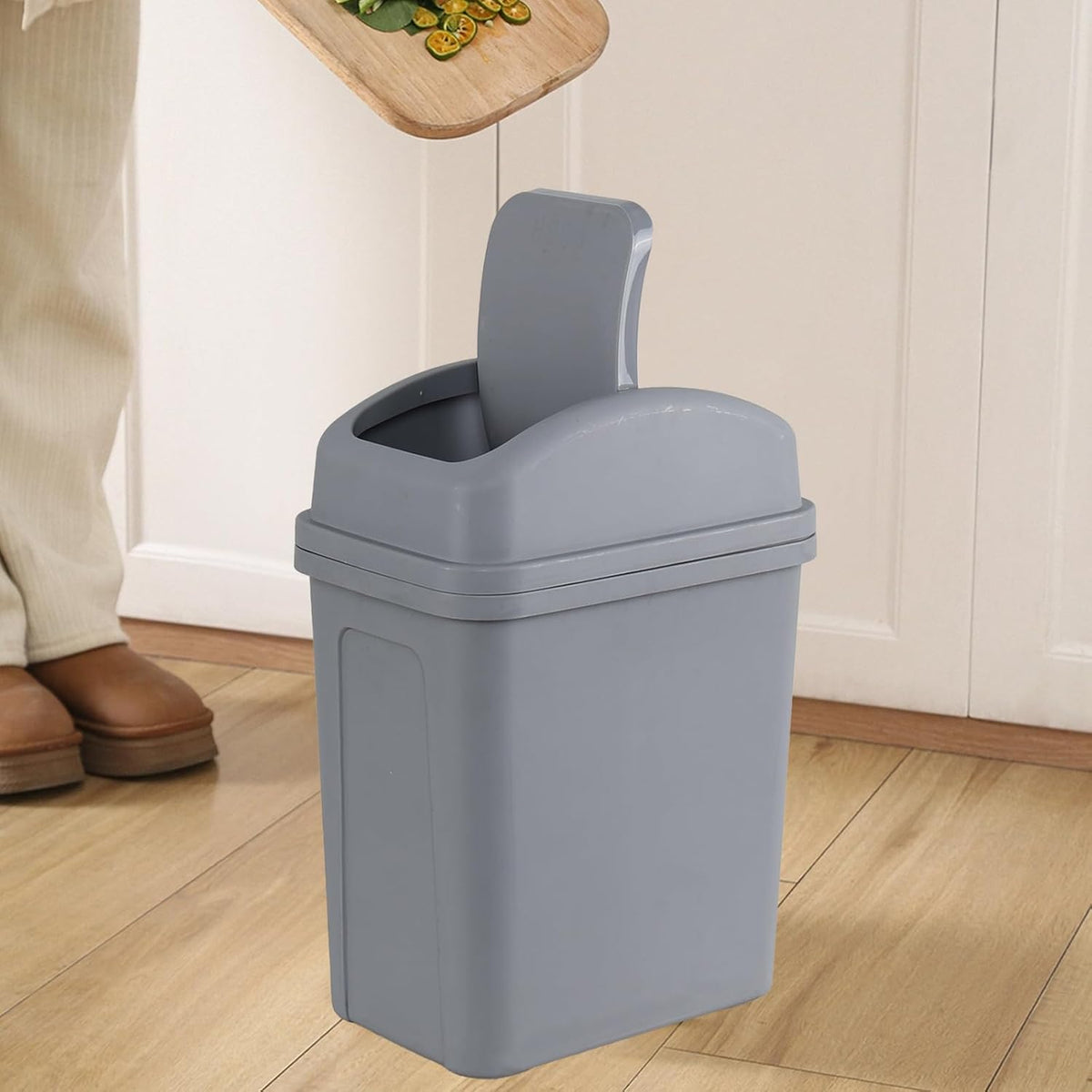 1.8 Gallon Small Plastic Trash Can with Swing Top Lid, 1-Pack, Grey