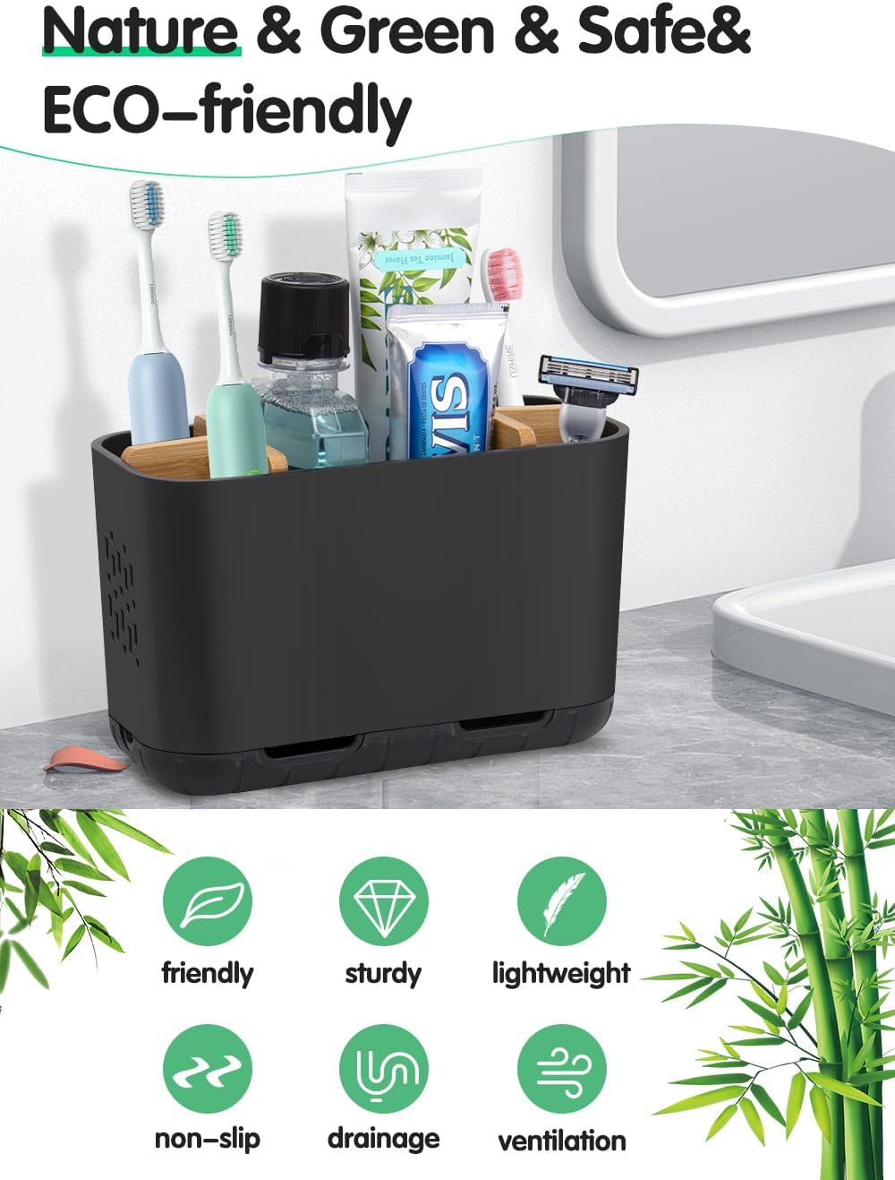 GFWARE Black Toothbrush Holder with Drainage, Bathroom Organizer, Large
