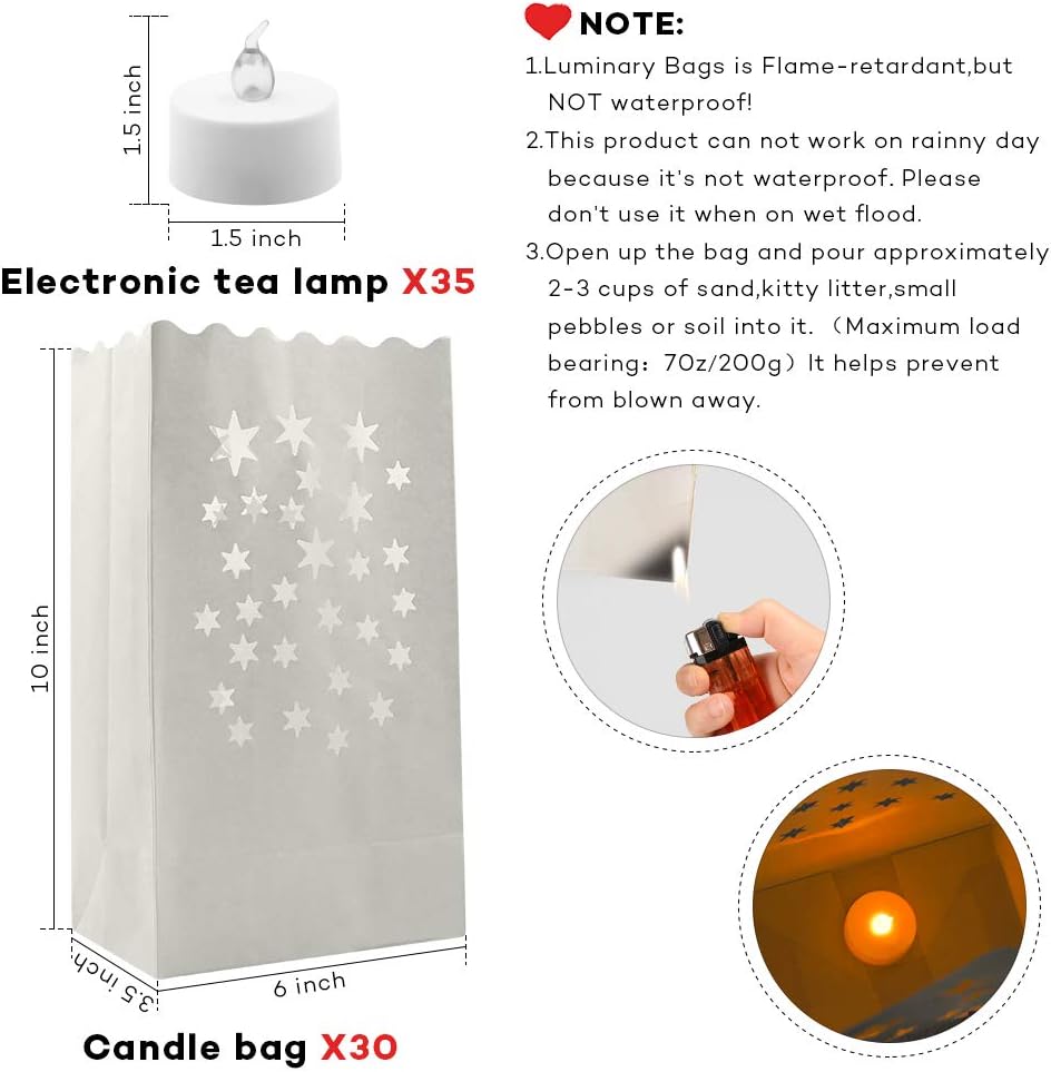 ANZOME Flameless Tea Lights with 30 Luminary Bags, LED Battery, 30 Pack