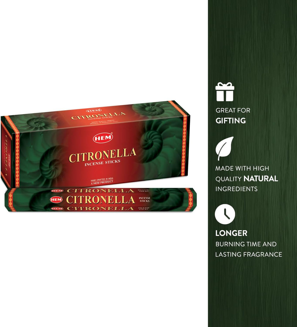 Hem Citronella Incense Sticks – Pack of 6 Boxes (120 Sticks Total, 9-Inch Long) | Fresh Lemon-Grass Aroma for Home, Meditation & Outdoor Use | Natural Hand-Rolled Incense from India