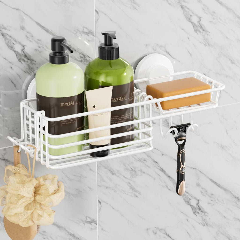 TAILI White Shower Caddy Suction Cup with Hooks, Heavy Duty Shower Shelves