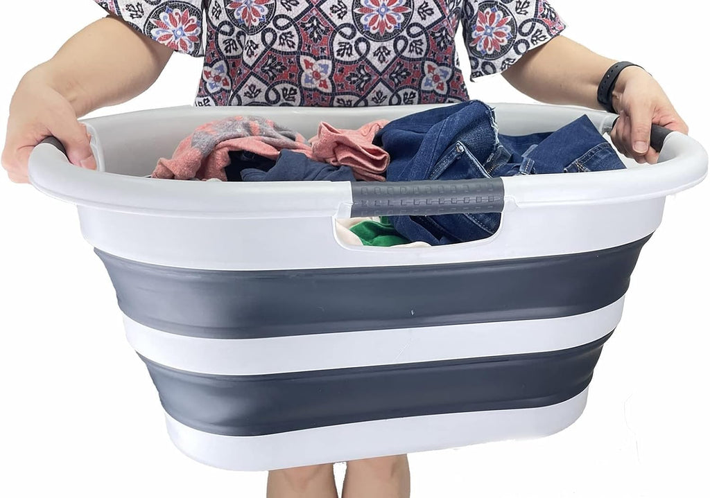 SAMMART 40L (10.5 gallon) Collapsible Plastic Laundry Basket - Foldable Pop Up Storage Container/Organizer - Portable Washing Tub - Space Saving Hamper/Basket (Grey/Slate Grey)