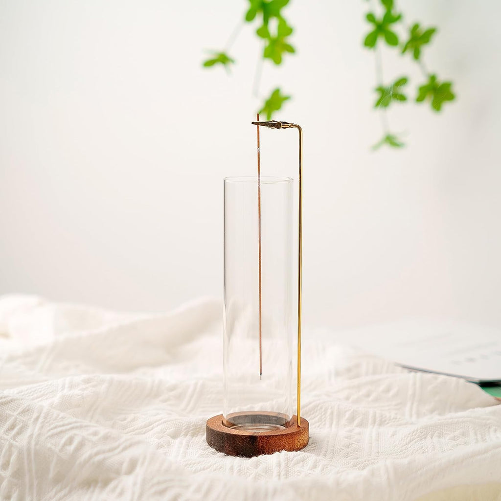 Incense Holder for Sticks, Anti-Ash Flying Incense Burner with 30 Incense Sticks, Detachable Glass Ash Catcher (Wood, Brown-2Pcs)