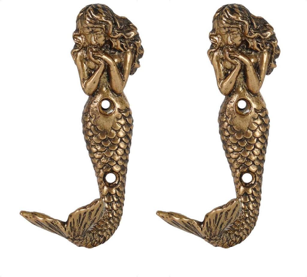 SOFFEE DESIGN 2pcs Gold Mermaid Shape Metal Wall Coat Hooks, Beach Decoration Wall Mounted Hanging Racks Coat Hooks for Keys, Towels, Clothes, Scarf, Bag