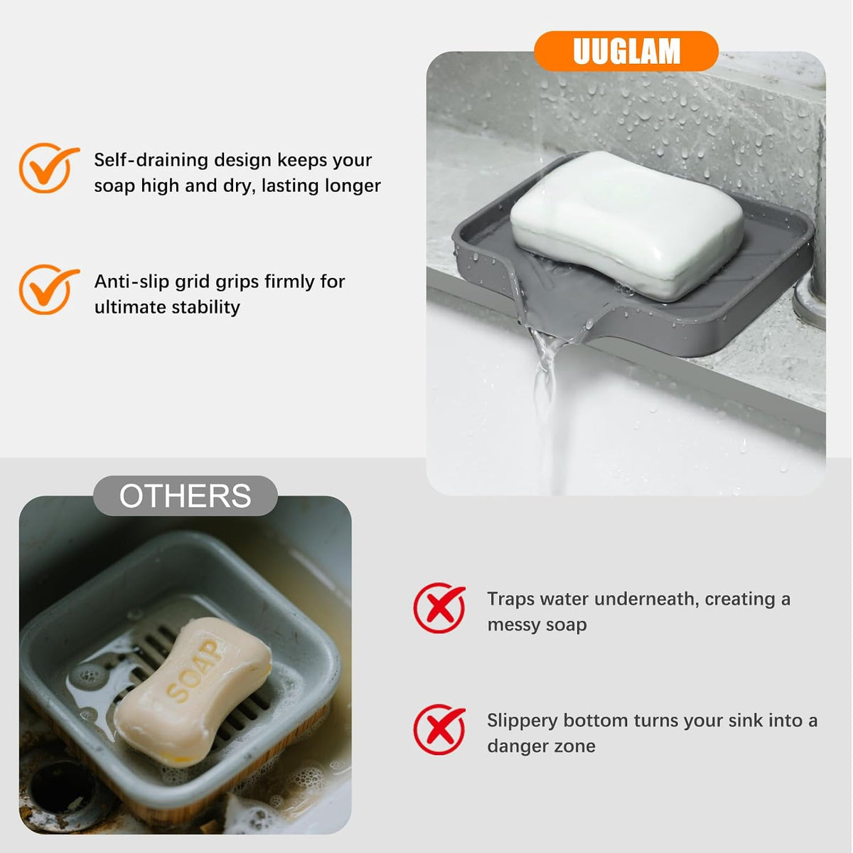 2 Pack Silicone Soap Dish for Shower with Self Draining Grey & Beige White
