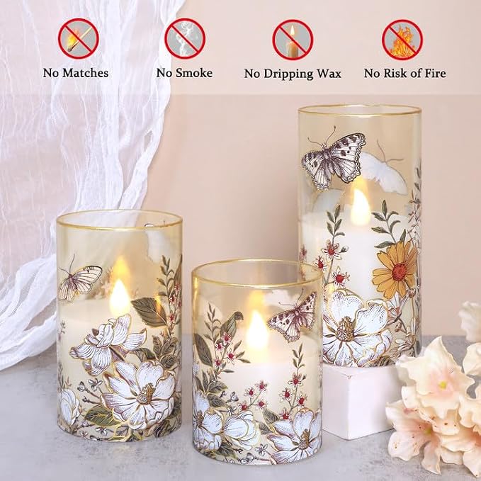 Glass Flameless Candles Battery Operated with Remote Timer Botanical Butterfly & Floral Real Wax Flickering LED Pillar Candle for Spring Summer Home Decor, Wedding, Table Centerpiece