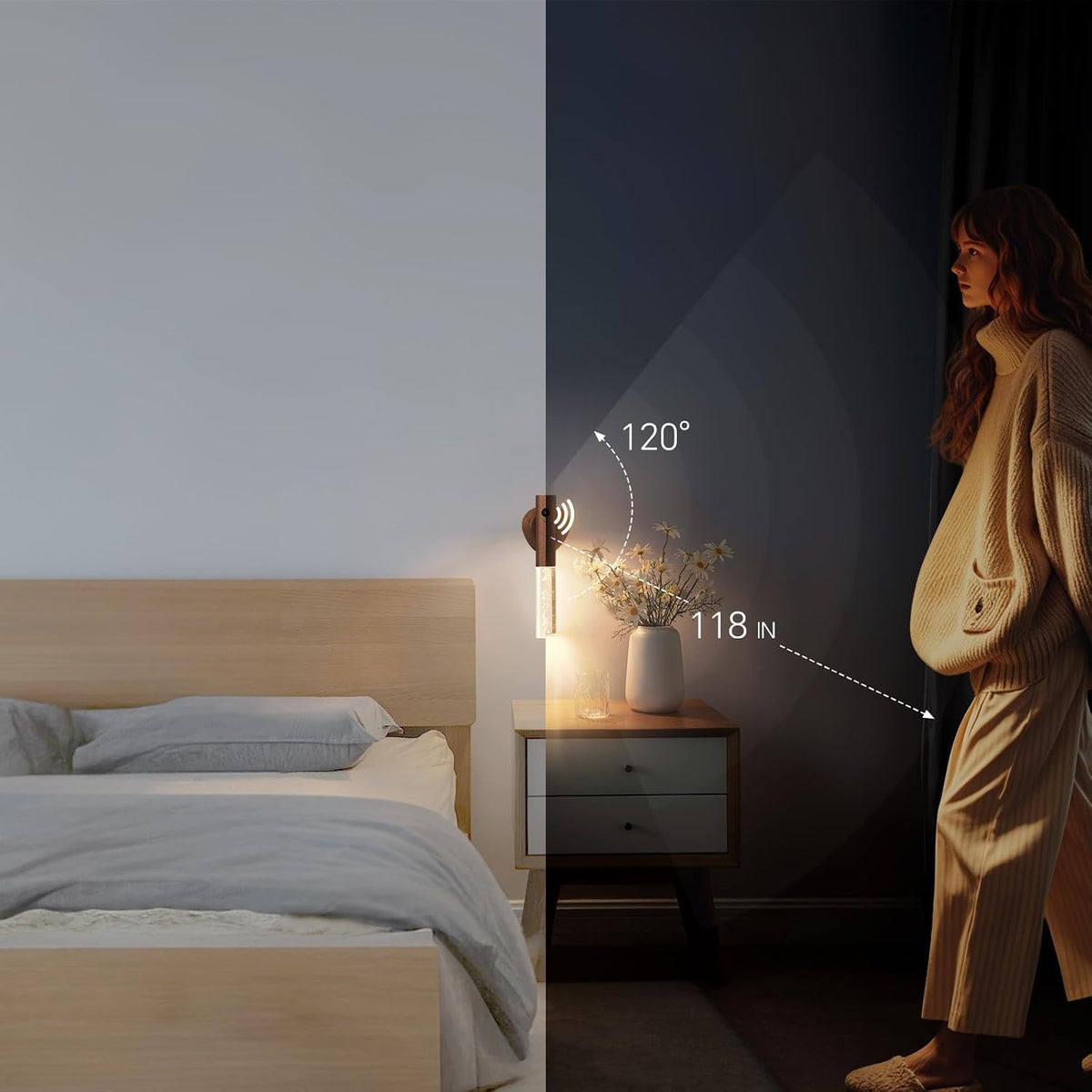 Rechargeable Motion Sensor Wall Sconce, Walnut Wood, 1 Pack