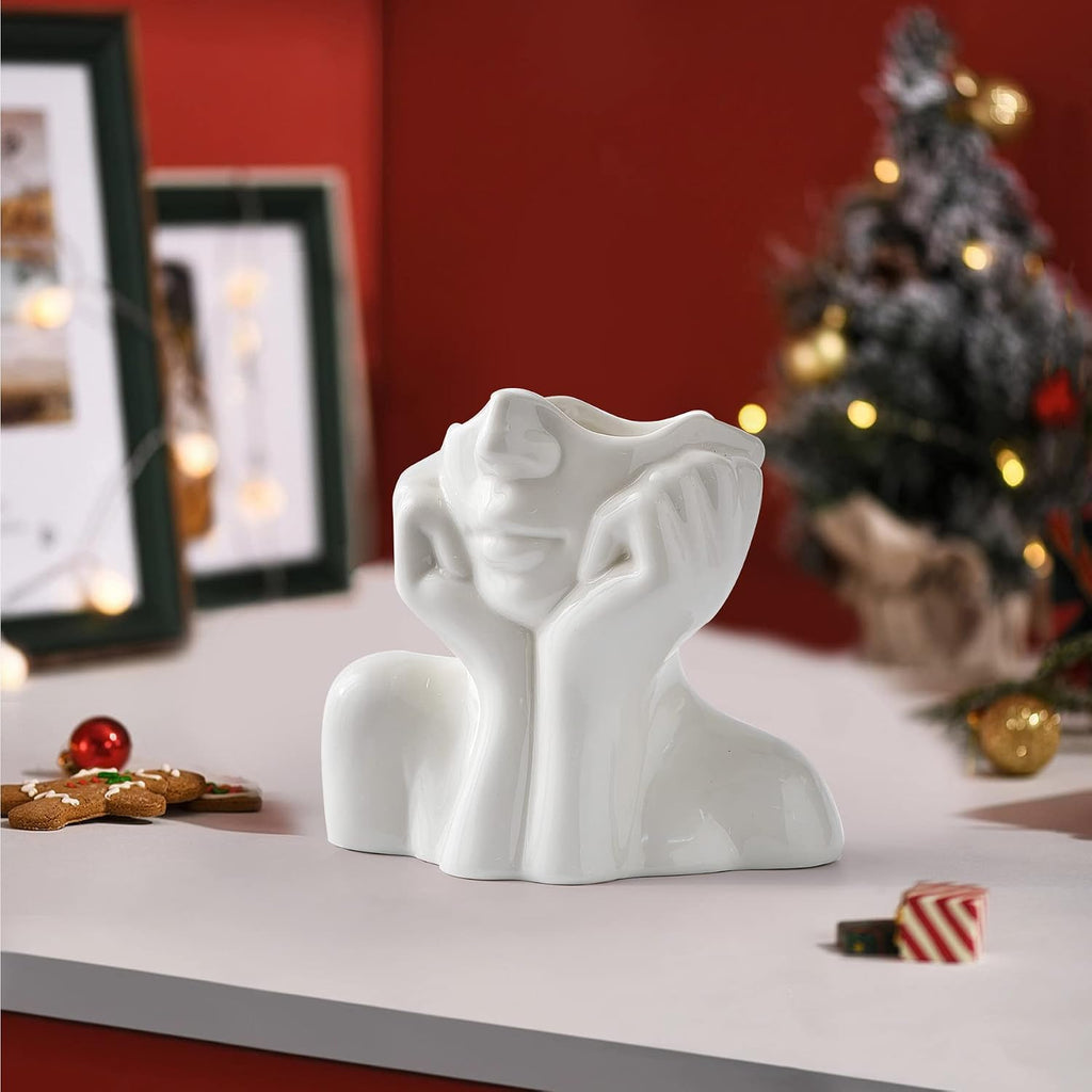 FJS Ceramic Face Vase, White Flower Vase for Table Decor