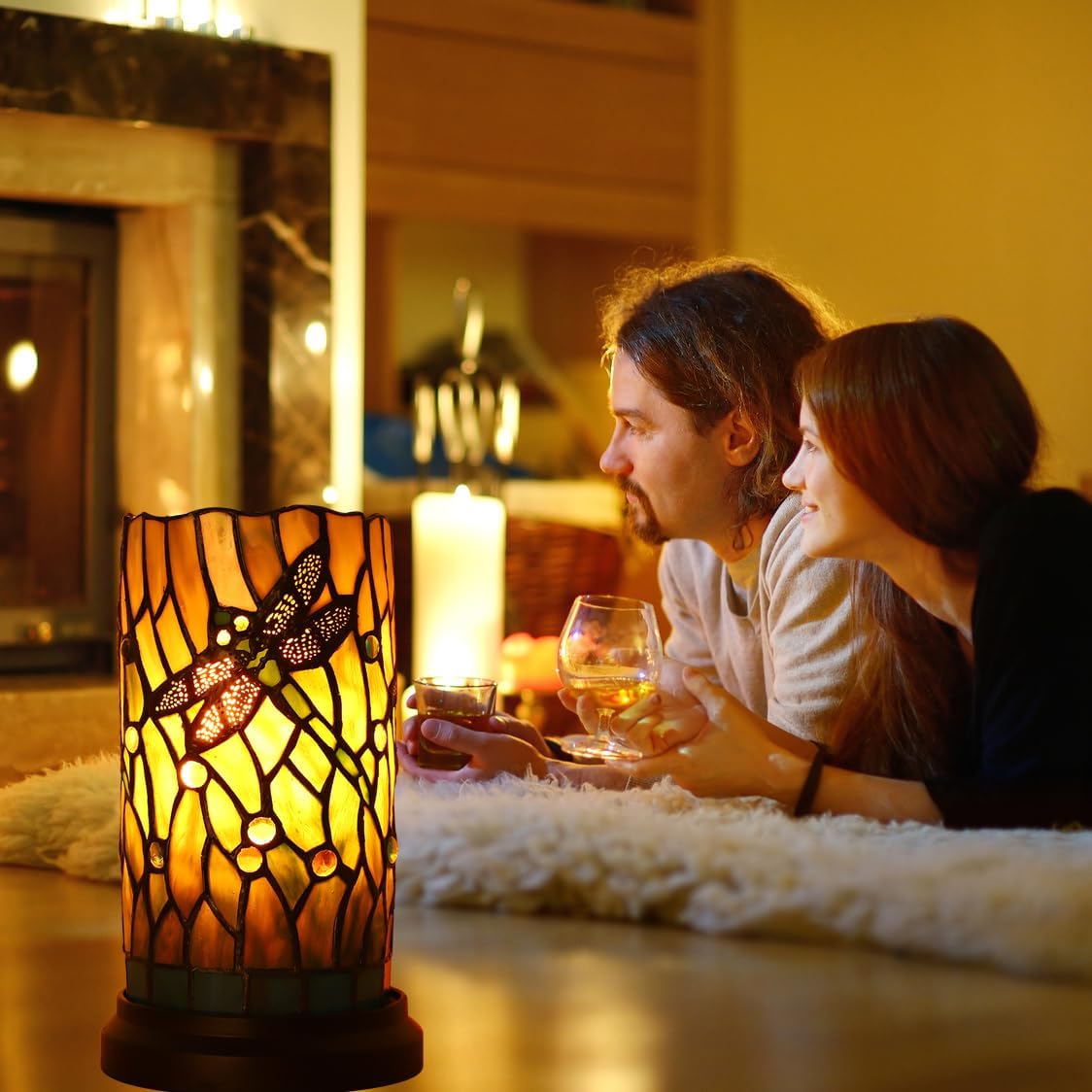 Tiffany Style Table Lamp for Bedroom Baroque Stained Glass Nightstand Bedside Night Lamp Party Light Hand-Made Art Home Deco Christmas Gifts W/ 2 LED Bulbs (3 Color Temperatures+Flame Bulb)