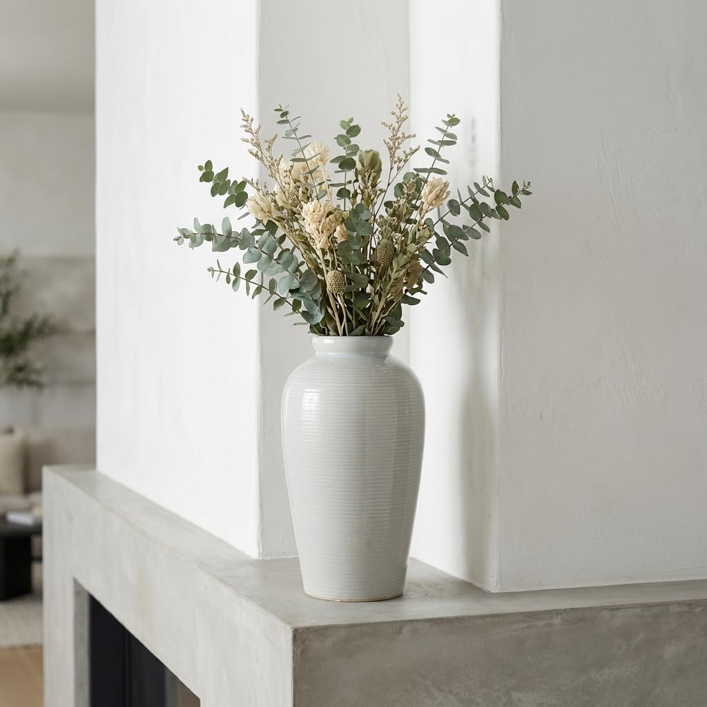 Large Modern Farmhouse Vase for Centerpieces, 11 Inch Tall Ceramic Vase - Glazed Textured Pottery Vases Home Decor, Side Table, Kitchen, Living Room Decor, Entryway, Mantel Decorations