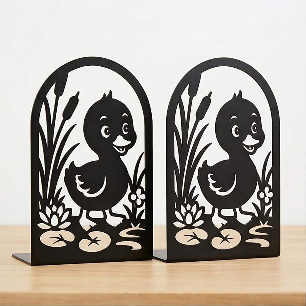 1 Pairs Cute Duck Metal Bookends, Heavy Duty Black Book Support, Creative Books Organiser Stopper for Shelves Bookshelf Office Home Decor, Animal Lovers & Bookworms Gift