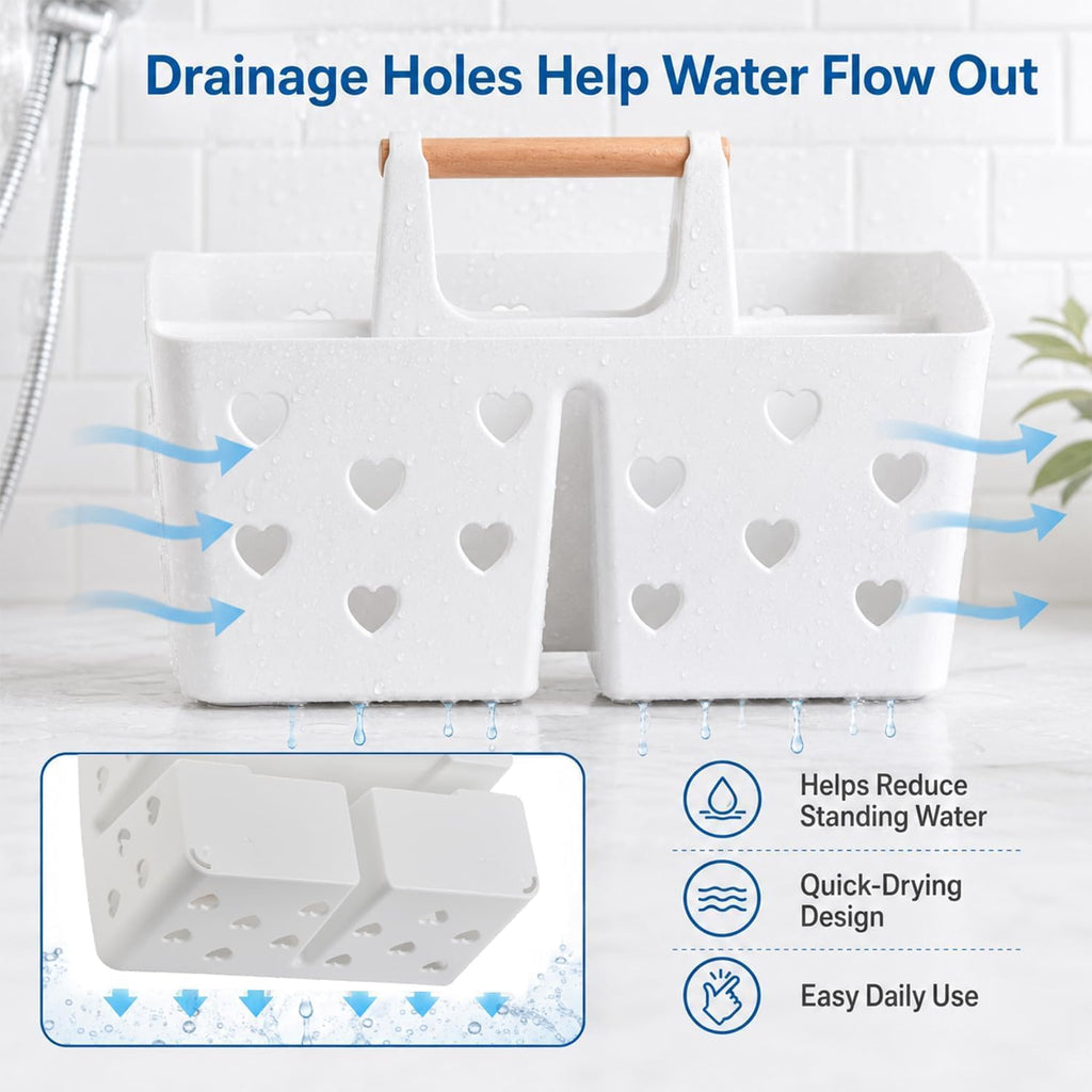 White Portable Shower Caddy, Plastic Basket Organizer with Wooden Handle