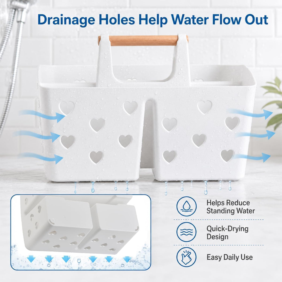 White Portable Shower Caddy, Plastic Basket Organizer with Wooden Handle