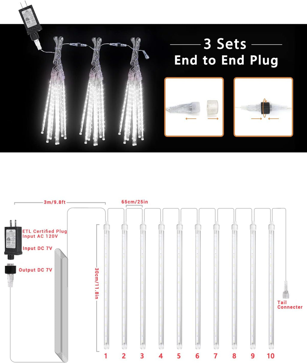 Christmas Lights Outdoor 10 Tubes White Meteor Shower Icicle Lights 240 LED