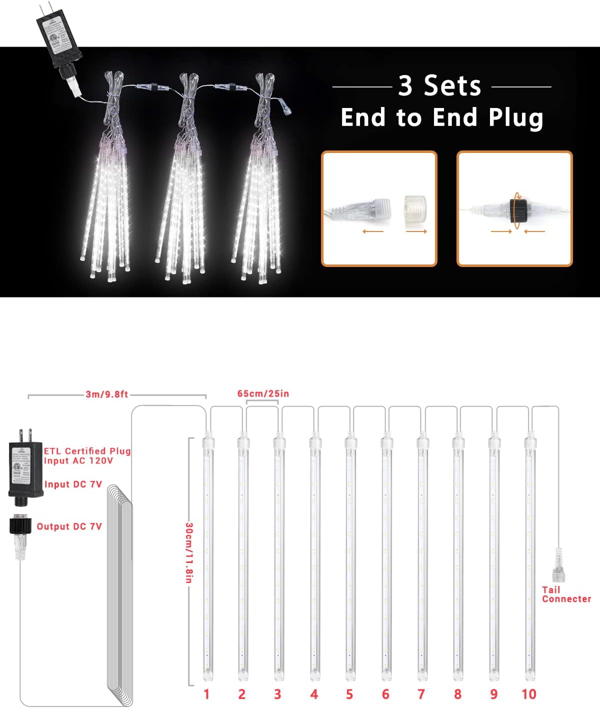 Christmas Lights Outdoor 10 Tubes White Meteor Shower Icicle Lights 240 LED