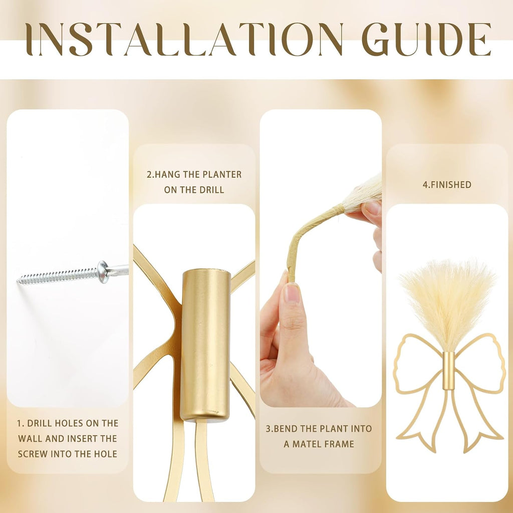Weysat 2 Pcs Gold Bow Metal Wall Decor Art with Pampas Boho Wall Decor