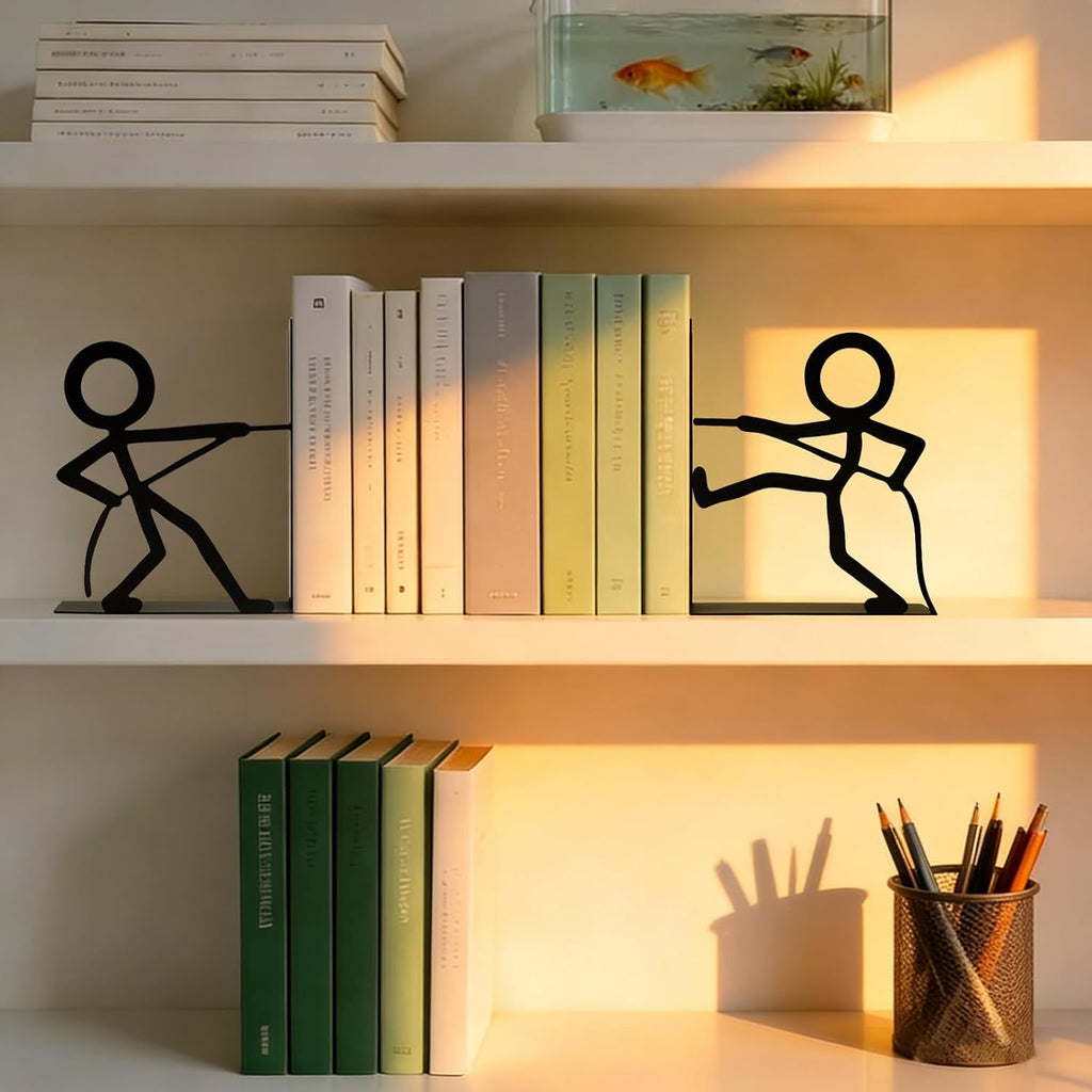 2 Pcs Metal Bookends and Heart Bookmark,Book Ends for Book Shelf,Tug of War