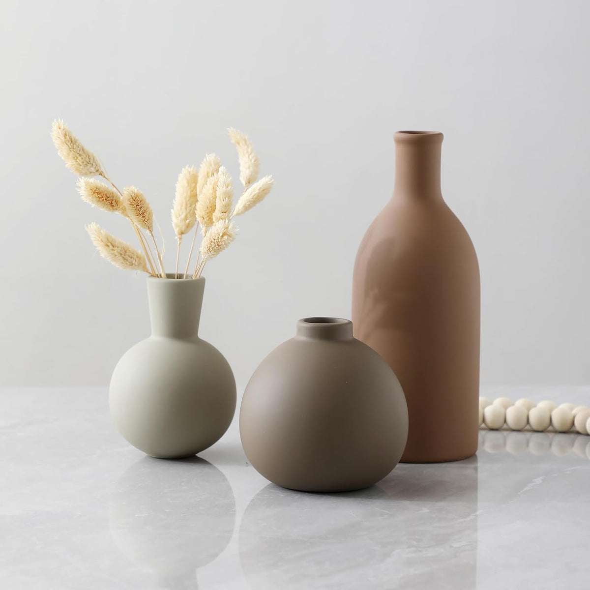 Ceramic Vase Set of 3, Vases Home Decor Rustic Farmhouse Decorative Vase Pottery Vases for Bouquet Pampas Grass Dried Fresh Flowers, Table Living Room Kitchen Bedroom Bathroom - Brown
