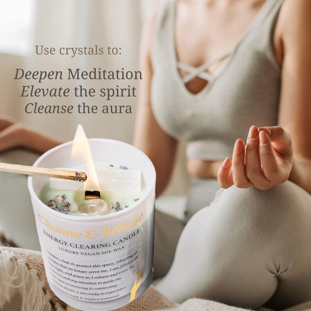 Sage Candles for Cleansing – White Sage Smudge Wood Wick Candles that Crackle with Selenite Crystal & Quartz for Home Rituals & Manifestation