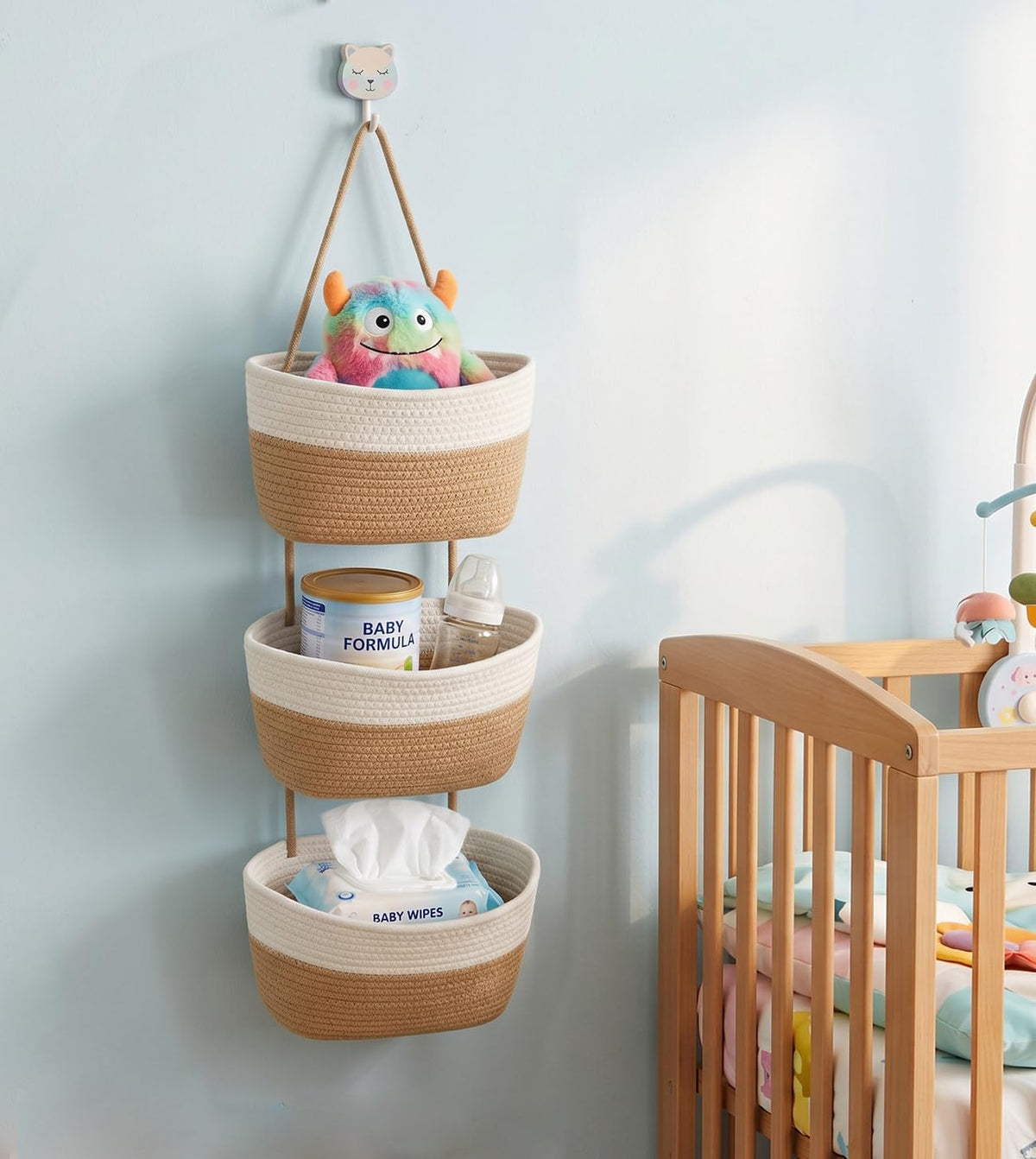 Over the Door Hanging Basket for Organizing 3 Tiers Woven Cotton Rope Wall Mount Storage basket Decorative Kitchen Hanging Organizer Bathroom include 1 door hook Flaxen+White