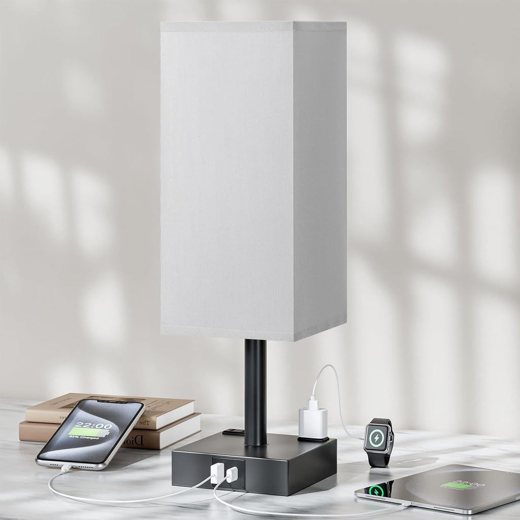 Grey Touch Table Lamp for Bedroom - Dimmable, USB C+A, 2 AC Outlets