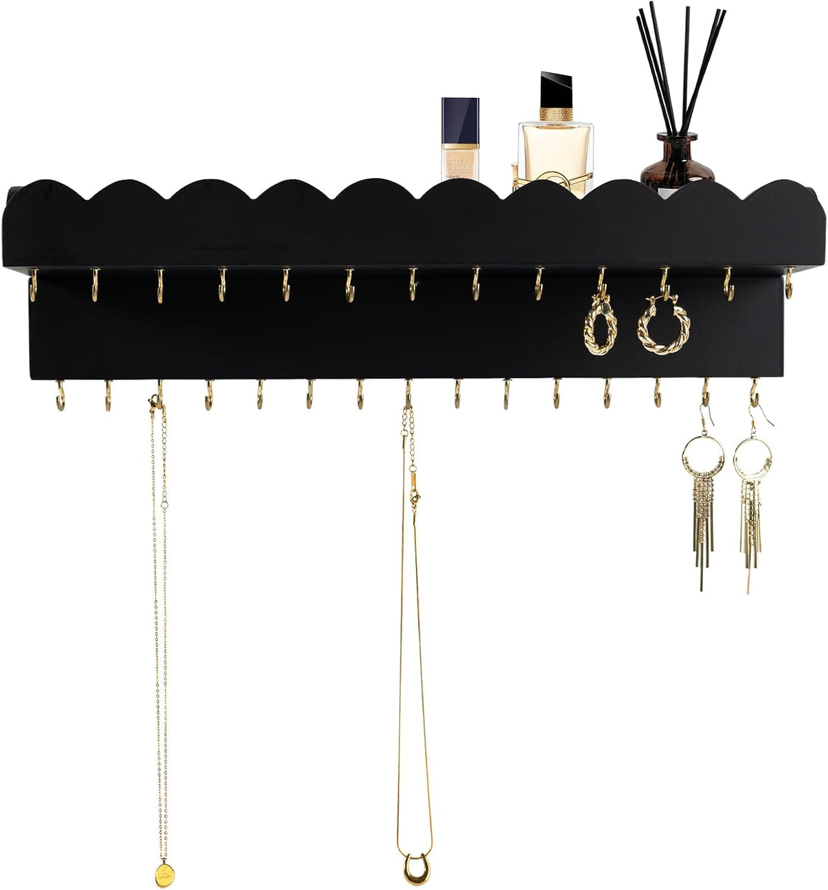 Wall Mount Jewelry Organizer with 28 Hooks and Cosmetics Shelf, Modern Wood Hanging Jewelry Holder for Necklaces, Bracelets, Earrings and Rings, Black