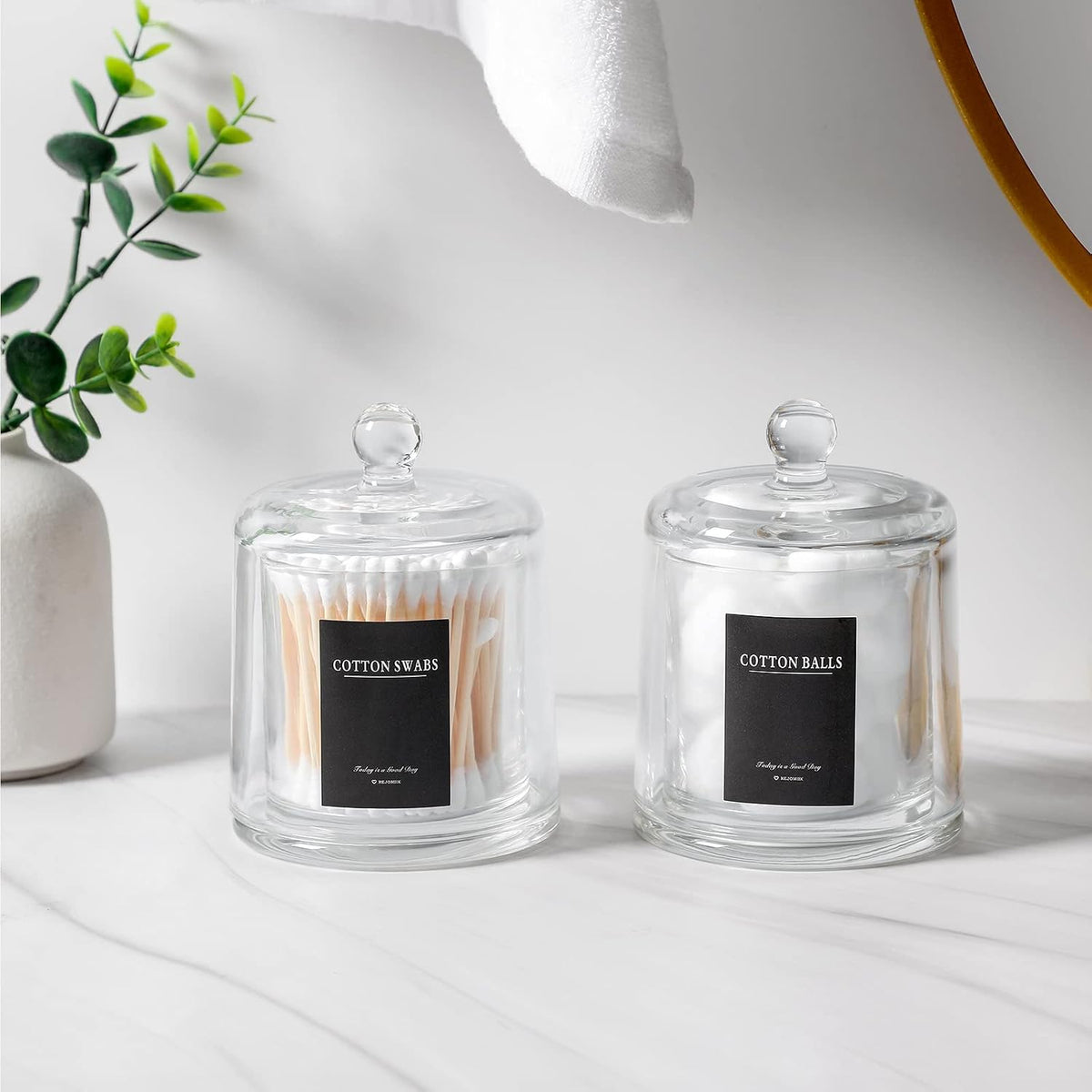 Qtip Holder Apothecary Jars with Lid, 2 Pack Thick Glass, Clear