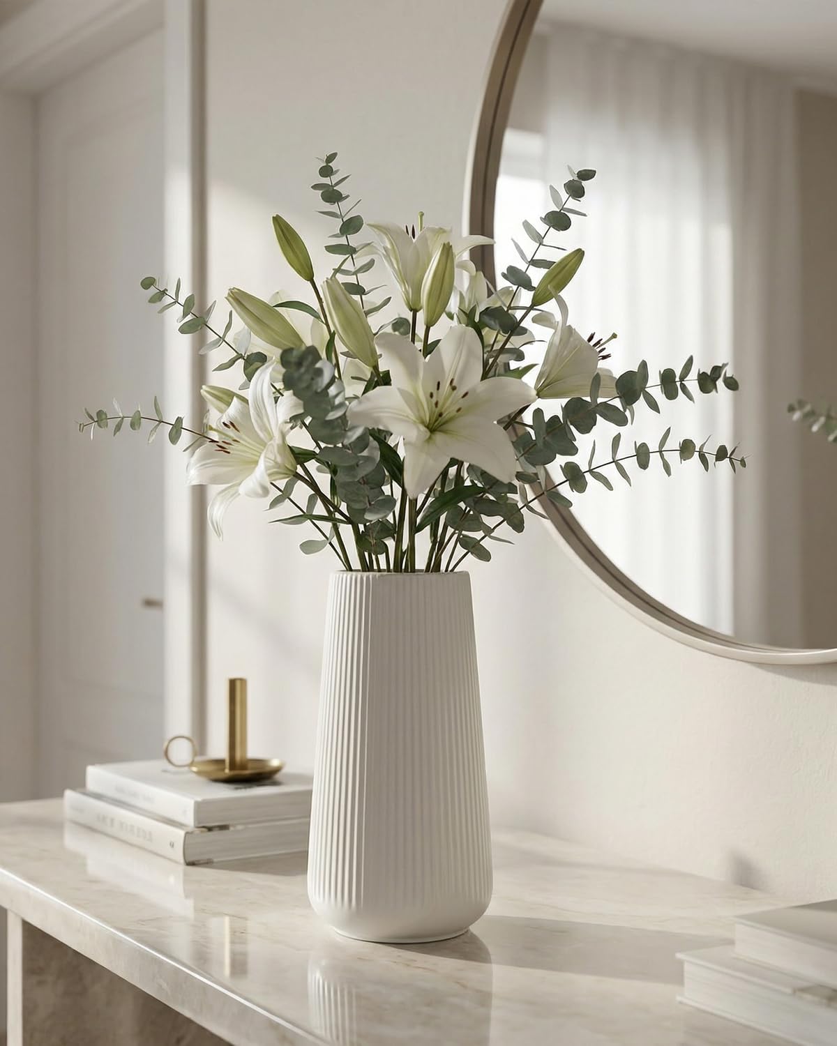 vensovo 8 Inch Glossy White Ceramic Vase, Ribbed Narrow Neck Flower Vase