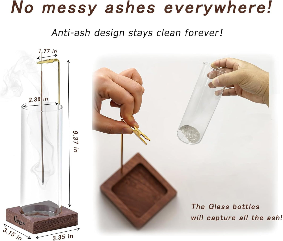 Ceremony Incense Holder, Wooden Incense Burner with Glass Ash Catcher (Transparent Round, One Glass)