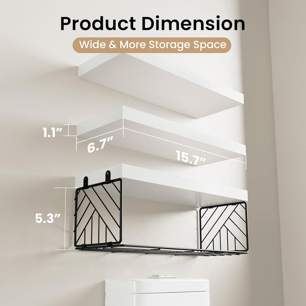 BAYKA White Floating Bathroom Shelves, 15.7in, 3Pk, Wall Mount Wood Shelf