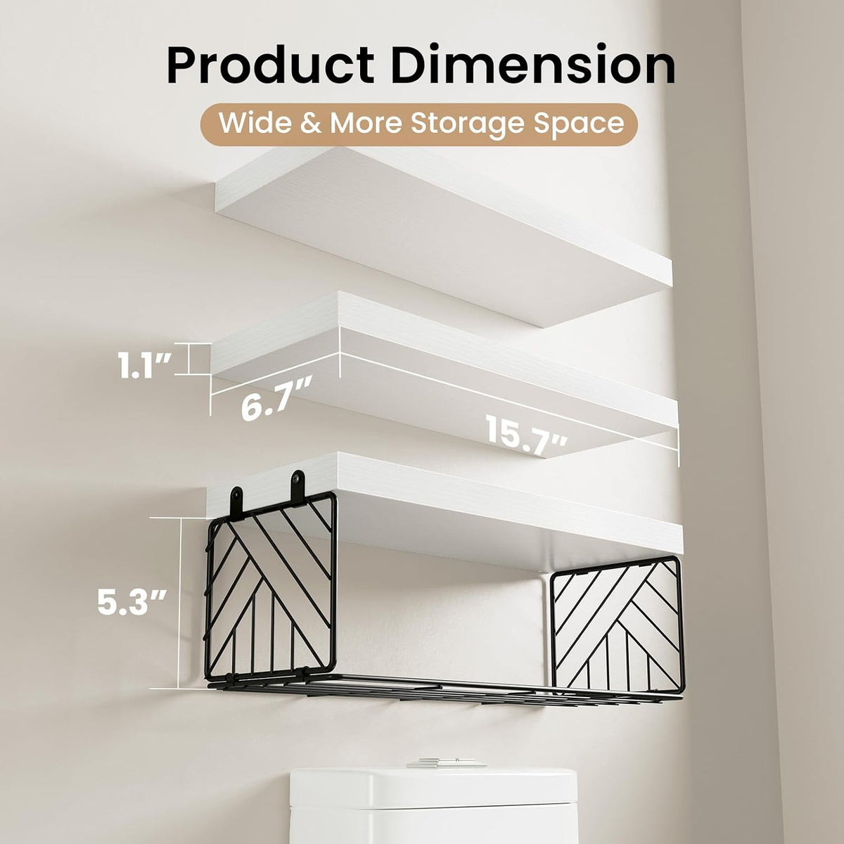 BAYKA White Floating Bathroom Shelves, 15.7in, 3Pk, Wall Mount Wood Shelf