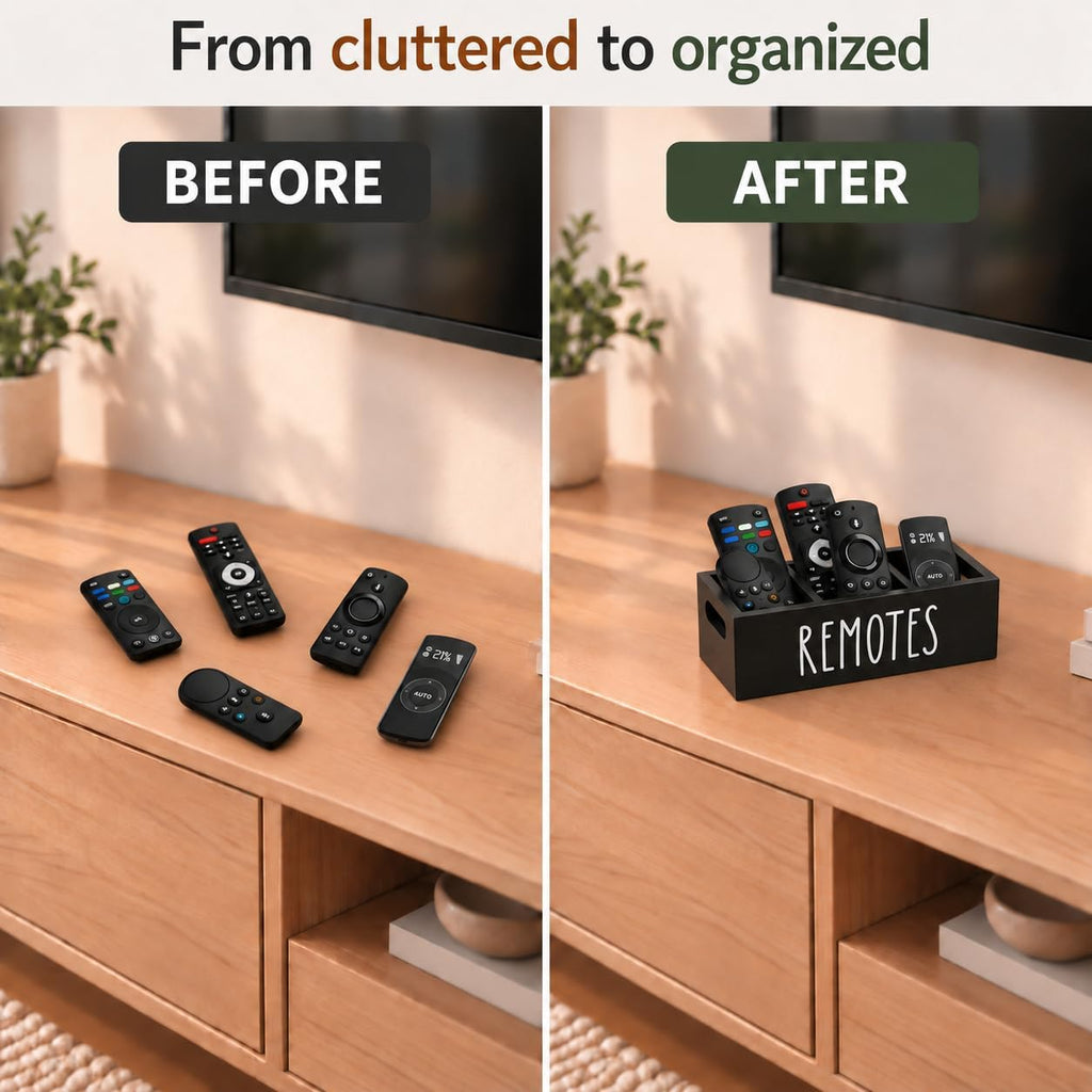 Wooden Remote Control Holder 3 Slots - Farmhouse TV Remote Caddy for Table, Nightstand, Living Room - Solid Wood Organizer Box, Black