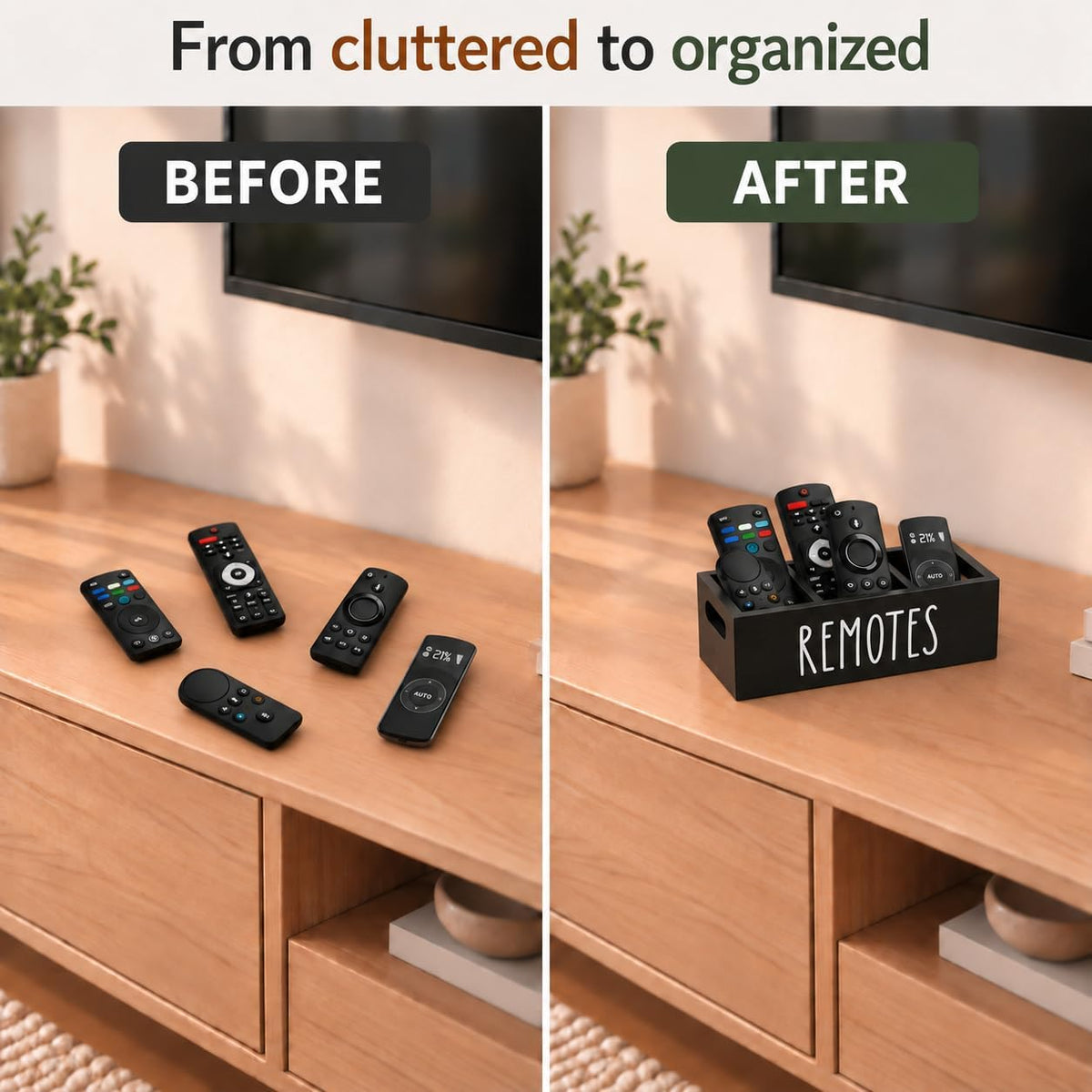 Wooden Remote Control Holder 3 Slots - Farmhouse TV Remote Caddy for Table, Nightstand, Living Room - Solid Wood Organizer Box, Black