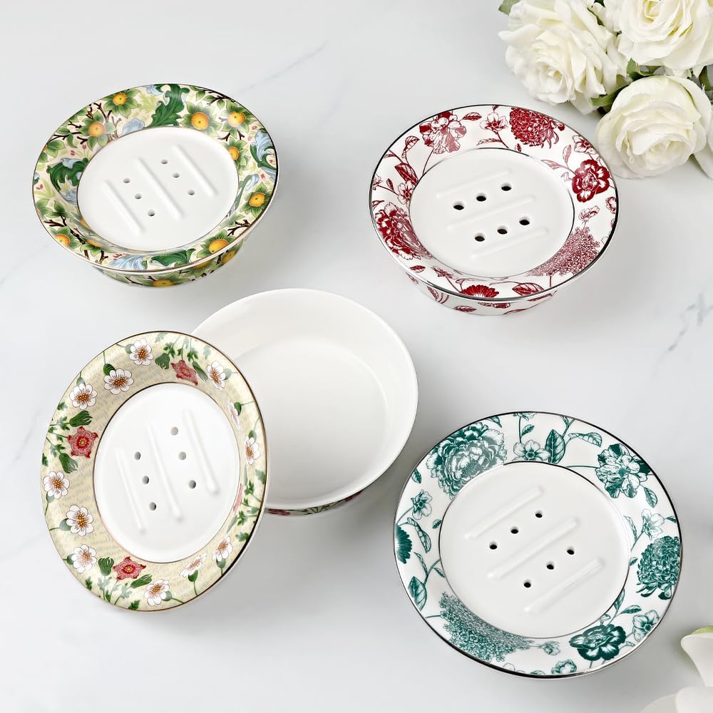 Floral Self Draining Soap Dish, Vintage Round Soap Tray(Style B)