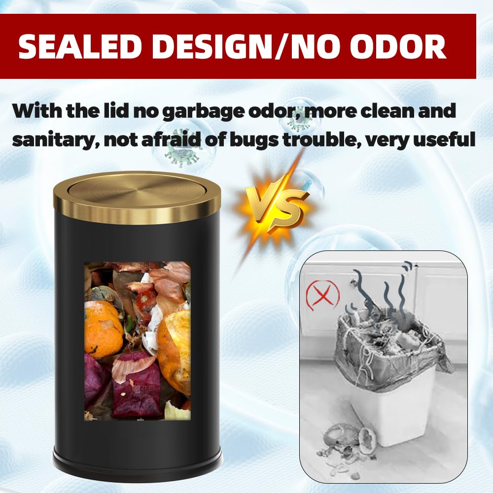 Black and Gold Bathroom Trash Can,Bathroom Garbage can with Swing Lid，Small Trash Can with Flipping Lid, 4.8gal Garbage cans for Bedroom,Living Room, Guest Room,Office,Hotel(4.7gal-Black)