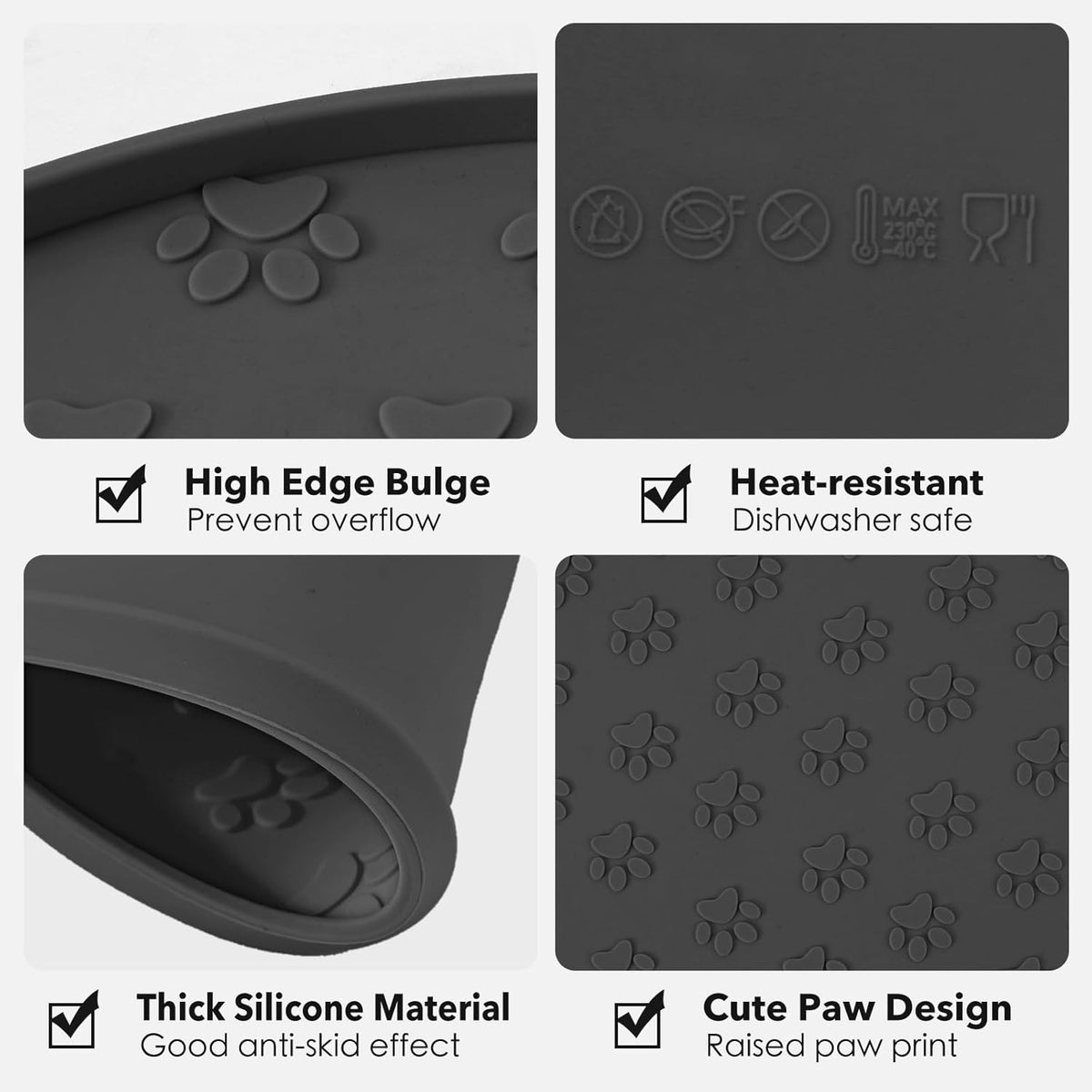 Silicone Pet Food Mat - Waterproof Dog & Cat Feeding Mat with High Lip to Prevent Spills & Protect Floors, Black