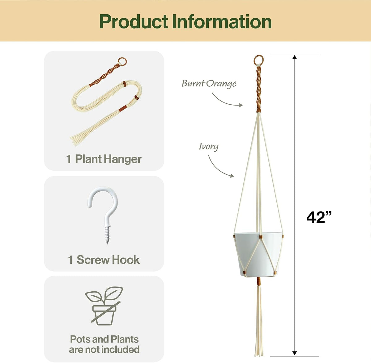 Macrame Plant Hanger Polyester Rope 42 Inch Outdoor Indoor Adjustable Hanging Planter for up to 10 Inch Plant Pot Modern Boho Home Decor (1, Ivory/Burnt Orange)
