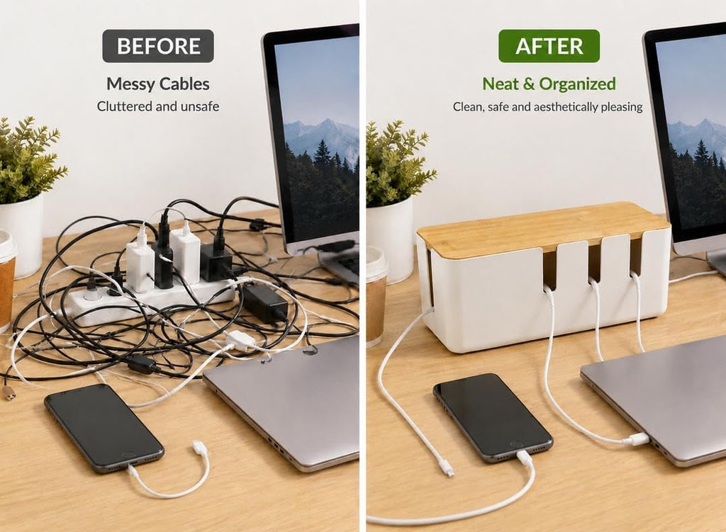 Cable Management Box with Bamboo Lid, Large Cord Organizer Box for Power Strips, Surge Protector & Charger Cables, Wire Hider Organizer for Home, Office, Desk & TV Stand, White (30.3 x 12.3 x 11.6 cm)