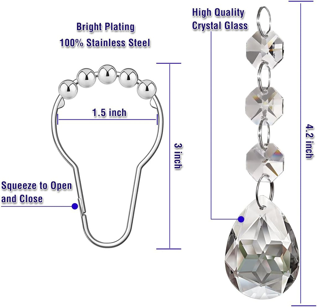 Shower Curtain Hooks Rings for Bathroom, 12PCS Shower Hooks with Gemstone Crystal Bead Charms, Stainless Steel Rust Resistant Curtain Rings (Clear Bloomdrop)