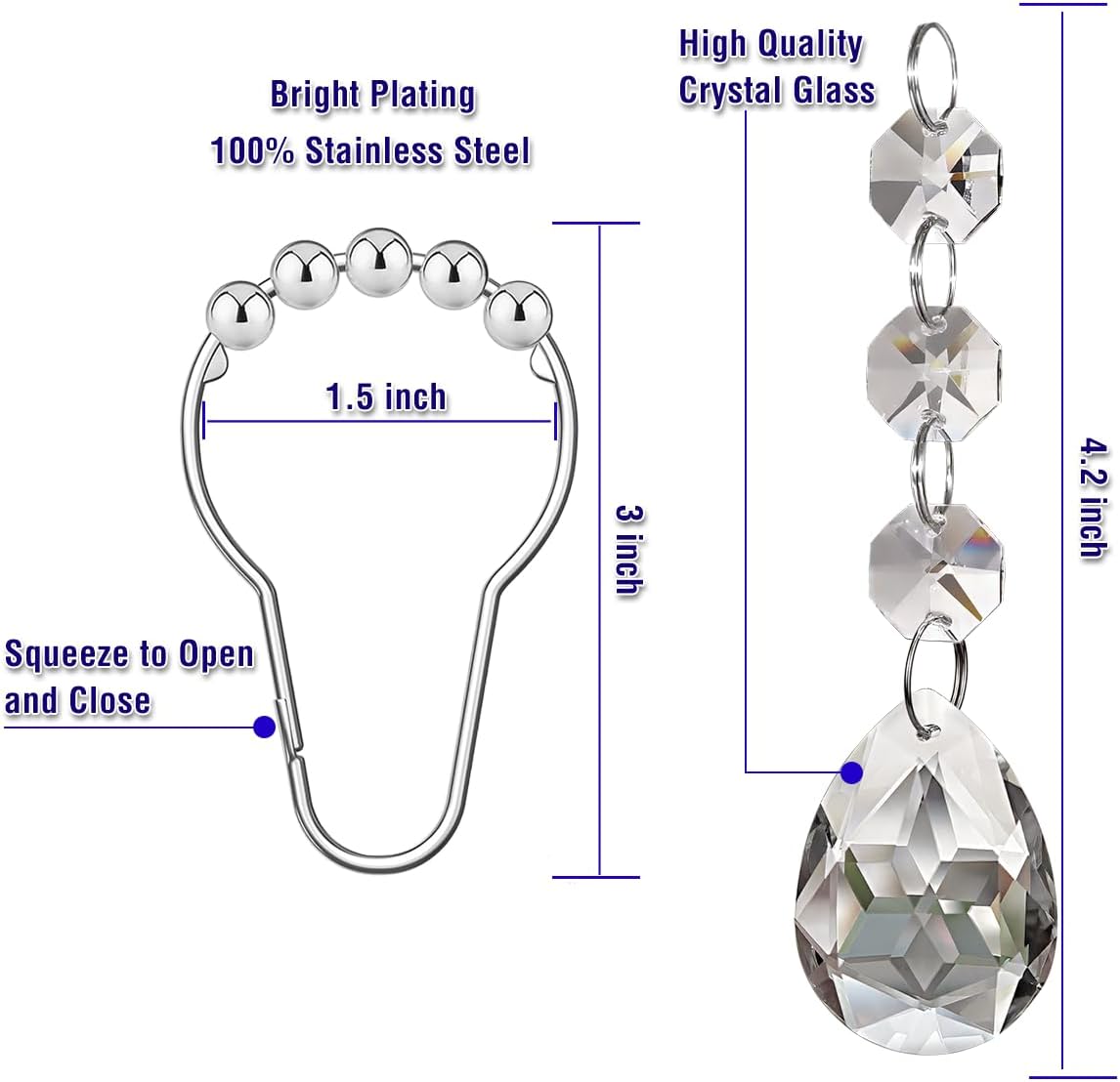 Shower Curtain Hooks Rings for Bathroom, 12PCS Shower Hooks with Gemstone Crystal Bead Charms, Stainless Steel Rust Resistant Curtain Rings (Clear Bloomdrop)