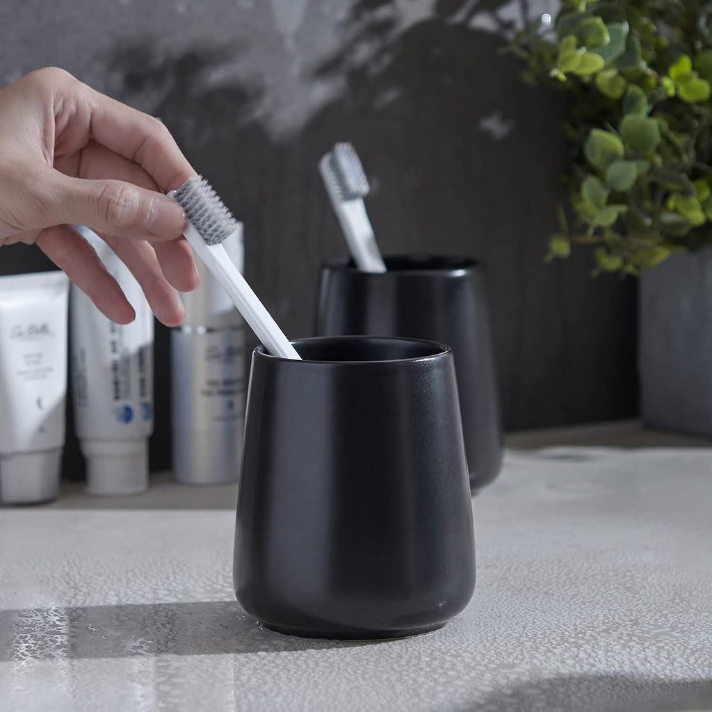 Matte Black Toothbrush Holders for Bathroom - 2Pcs Ceramic Tooth Brushing Holder Set, Toothpaste Holder, Reusable Toothbrush Mouthwash Cups, Space-Saving Design for Bathroom Countertop