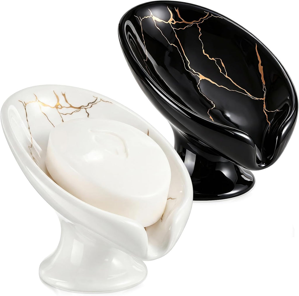 2 Pack Ceramic Soap Bar Holder Leaf Shaped Soap Dish, White Black